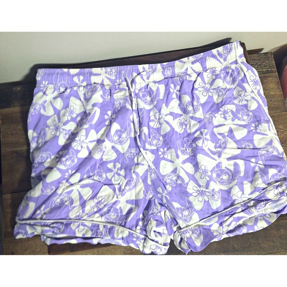 Disney Stitch Women's Sleep Shorts Size M Purple White Graphic Print Drawstring